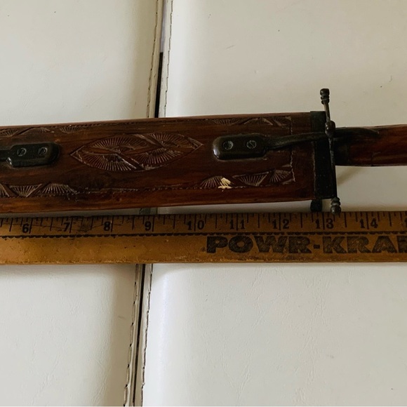 Vintage Hand Carved Wood and Brass Meat Carving Set Knife/Fork Made In India - Picture 7 of 9